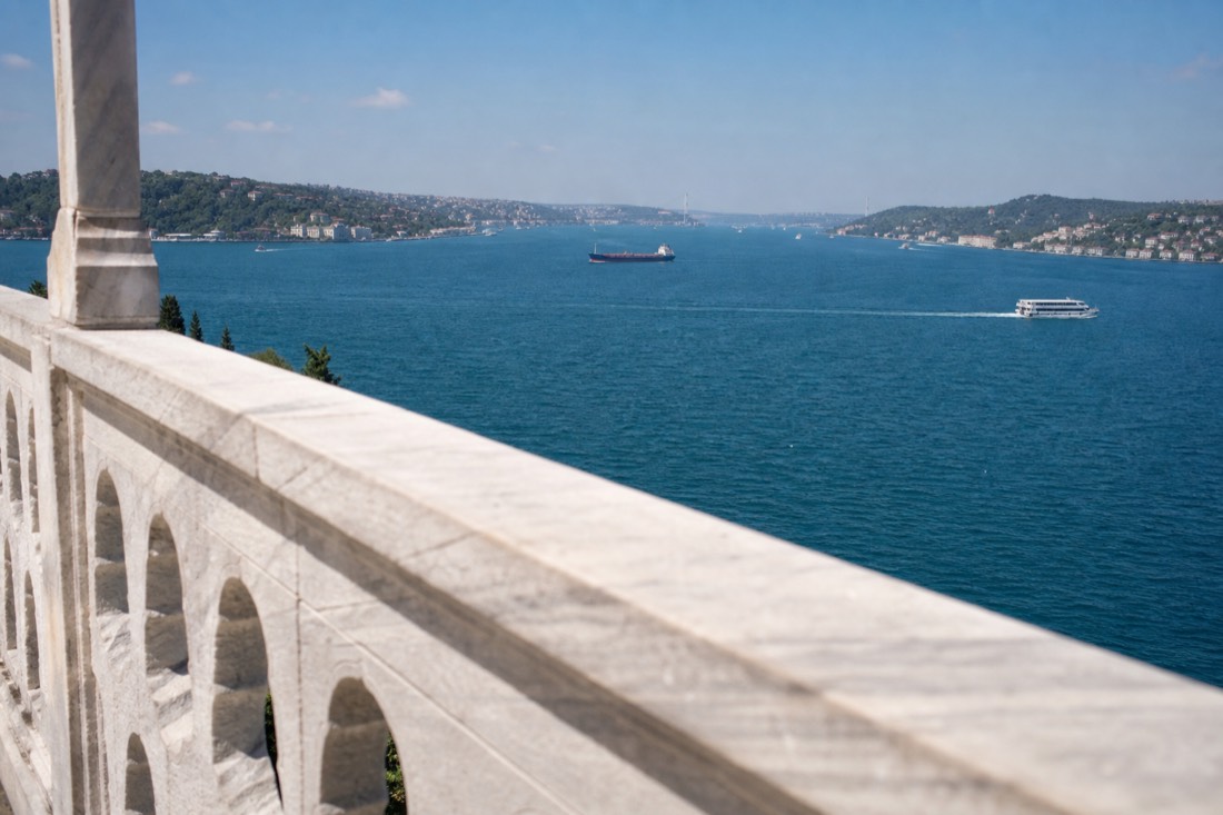 Fourth-courtyard terrace balustrade at Topkapi Palace with the Bosphorus behind on a clear afternoon